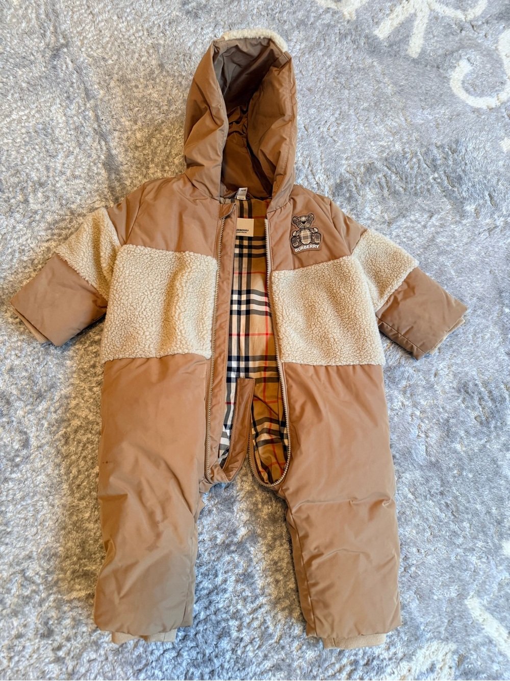 Toddler Tan Hooded One-Piece Snowsuit with Sherpa Panels